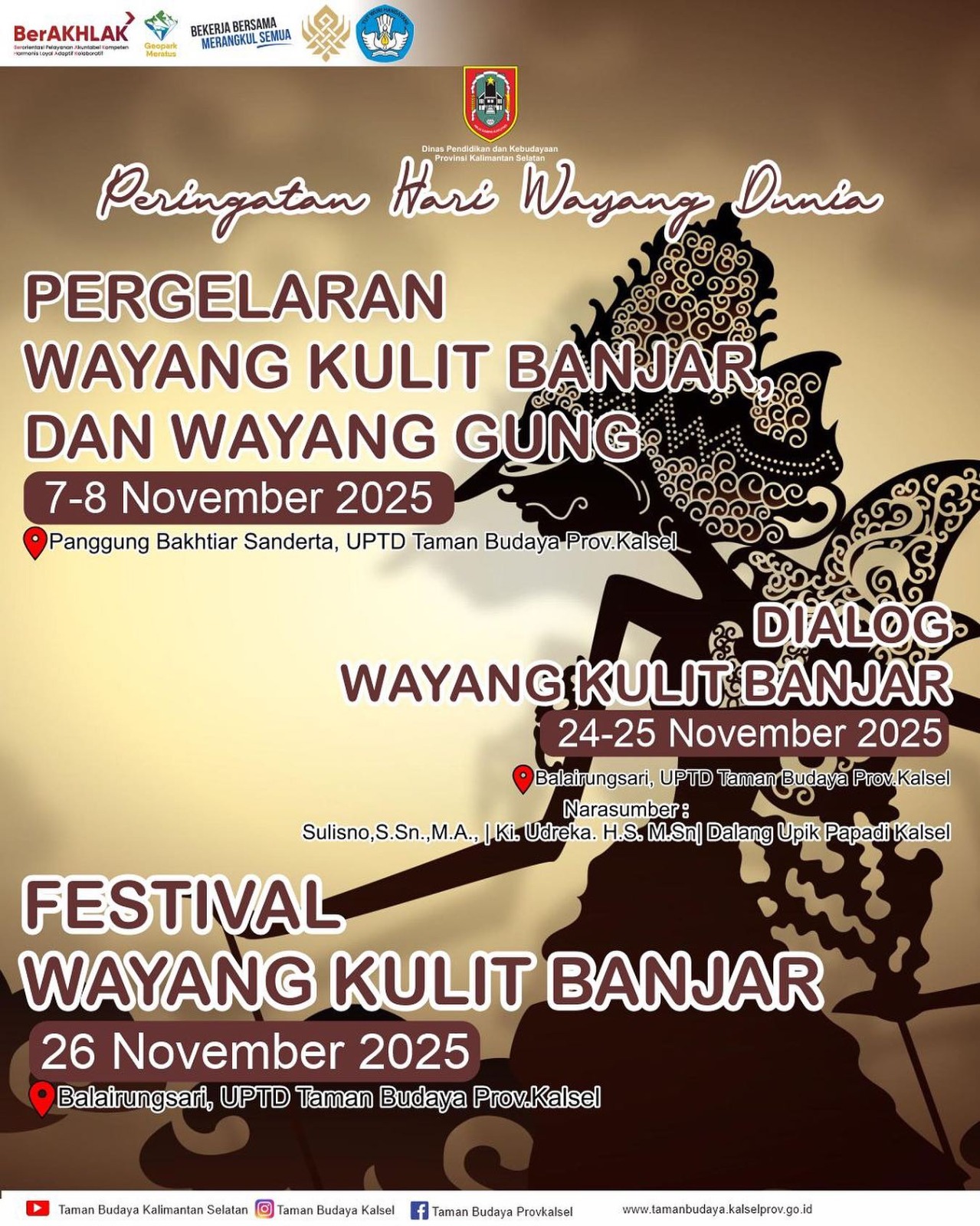 Rayakan Hari Wayang Dunia, Taman Budaya Kalsel Gelar Festival Wayang Sepanjang November